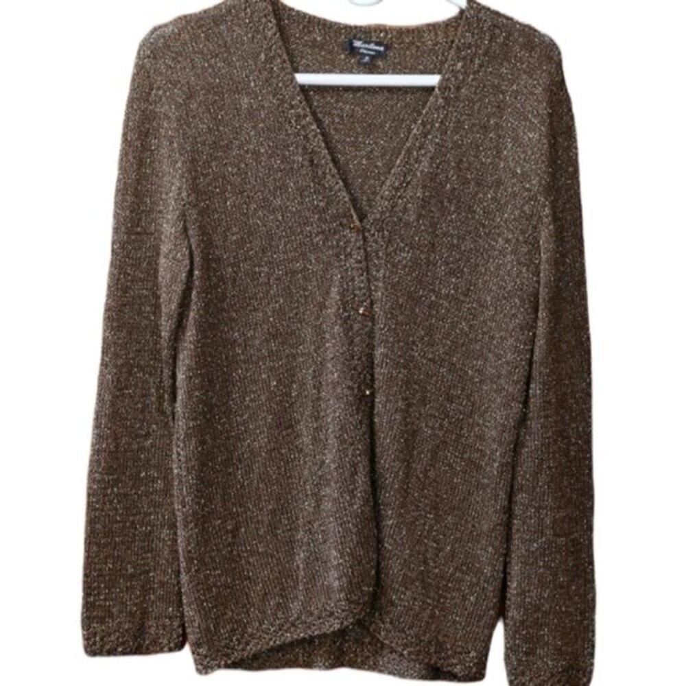 Marilena Brown Gold Sparkly Chunky Toggle Knit Cardigan Sweater Medium